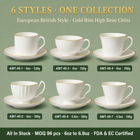 Ensemble tasse à café et soucoupe en porcelaine fine de style britannique européen avec bord doré, certifié FDA et CE, en stock, MOQ 96
