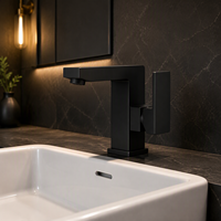 Robinet de salle de bain noir mat à poignée unique, design géométrique rectangulaire, bec plat, base carrée, montage sur plan, économie d'eau