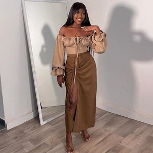Nuevo Conjunto de 2 Piezas para Mujer: Top Corto con Cuello Cuadrado y Manga Acampanada y Falda Midi con Abertura, a la Moda - Product Image 3