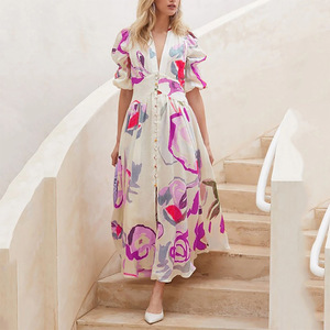 Women V Neck Puff Short Sleeve Maxi <b>Dress</b> All Over Print Front Button Swing <b>Long</b> <b>Beach</b> <b>Dress</b> - Product Image 2