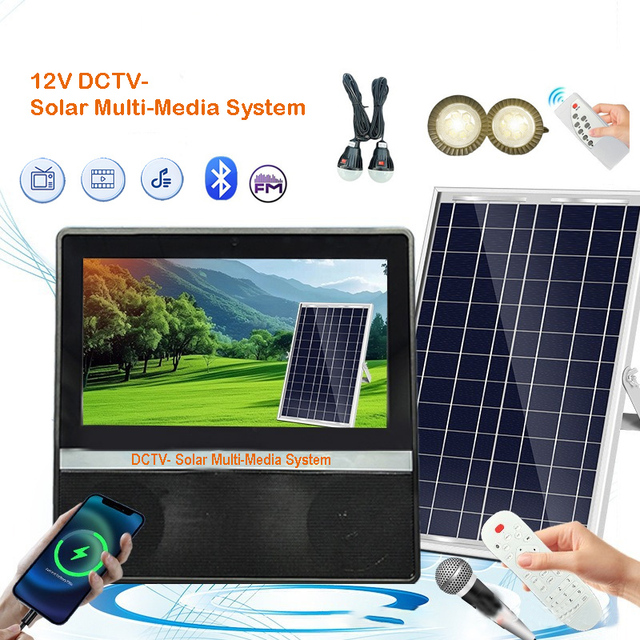 PicoSolar ST009 Pine 10inch Portable Solar TV System New 20W Solar Panel FM Radio 12V7AH Battery 2 UFO Shape Lights-Off-Grid