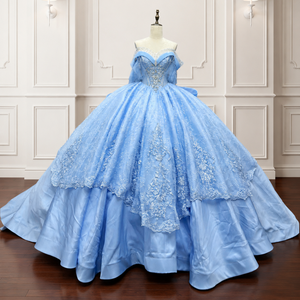 Vestido de Gala Azul Moderno para Quinceañera Lsmc138 con Cola Real y Decoración de Encaje, Tallas Grandes, Formal para Mujer Jancember - Product Image 4