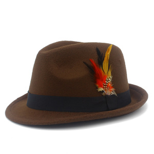 Sombrero Fedora de Fieltro de Lana, Color Sólido, Parte Superior en Forma de Campana con Decoración de Plumas, Estilo Artístico Retro, Sombrero de Caballero para Fiesta - Product Image 4