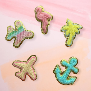 Оптовая продажа, нашивки с мультяшными рисунками, самолет, якорь, фламинго, пальма, синель, OEM, железо, лазерная резка, блестящий патч - Product Image 1