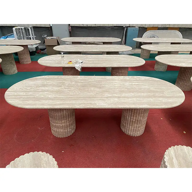Tự nhiên travertine bàn ăn đồ nội thất bằng đá bàn ăn rãnh hình bầu dục bằng đá cẩm thạch travertine bàn ăn