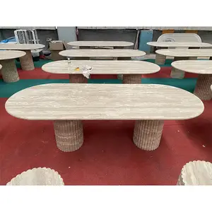 Mesa de jantar em travertino natural, móveis em pedra, mesa de jantar em travertino oval canelado, mármore