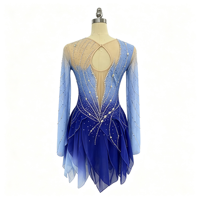 Robe de patinage et de danse dégradé bleu clair et foncé, manches longues en maille, strass effet soleil, pour enfants et adultes, compétition et performance