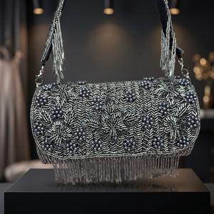 Sac de soirée élégant en perles perlées avec rabat et bandoulière à franges, pochette de fête scintillante - Product Image 3