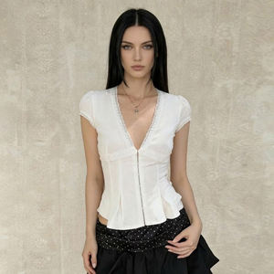 Camiseta de Manga Corta de Tela Jacquard Blanca para Mujer, Oferta, Cuello en V Profundo, Encaje, Volantes, Informal, para Oficina, con Botones al Frente, Estilo Cárdigan - Product Image 4