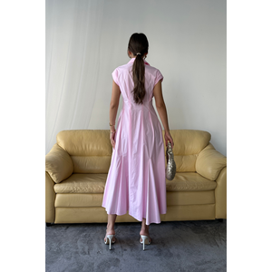 Robe en popeline rose sans manches, rembourrée, boutonnée sur le devant avec détail de plis à la taille, style bureau translucide, ODM XS-XL, longueur ras du sol - Product Image 1