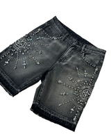 Short Streetwear Homme Vintage Délavé Rétro Effiloché avec Strass et Broderie Personnalisée