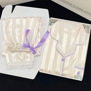 طقم بيجاما نسائية ساتان ناعمة بأكمام طويلة + بنطلون واسع الساق قطعتين، طقم بيجاما كاجوال مطبوعة للسيدات للربيع والخريف - Product Image 5