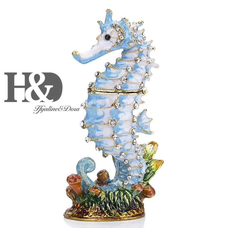 H&D Trinket Box Crystal Bejeweled Enamelled Seahorse Jewelry Ring Holder Handmade Sealife Figurine Collectible Decoration Gift