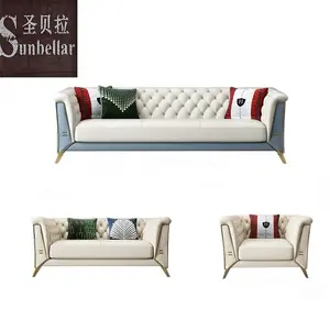 Wholesale 1 pc long sofa couch-leather sofa set furniture living room modern gold steel genuine leather sectional couch 123 European style home furniture