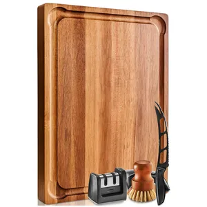 Wooden handle and jiuice groove cleaning brush double-sided Acacia cooked food board, butcher's cheese board cooked food boarder