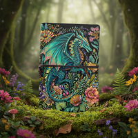 Carnet A6 en cuir fait main à couverture rigide, reliure à anneaux, finition polie, pour le croquis, l'apprentissage et le bricolage (Motifs Dragon, Fleurs, Feuilles)