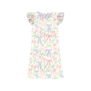 Robe pour petite fille GSD3897, boutique de vêtements pour enfants, imprimé nœuds colorés, vente en gros, robe à manches volantées pour bébé fille. - Product Image 1