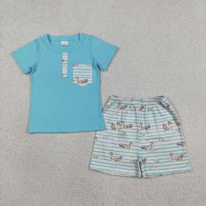 En stock: Conjunto de verano para niños con top de algodón azul marino con bolsillos y pantalones cortos de excavadora. Ropa infantil al por mayor, ropa de fábrica para niños pequeños y boutique. - Product Image 6