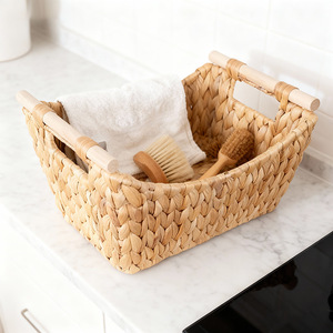 Panier de rangement rectangulaire en jacinthe d'eau fait main avec poignées en bois pour la cuisine, les fruits, les légumes, la maison, la chambre et l'organisation - Product Image 5