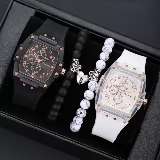 YuSa1007 4pcs Set Couple Watch Black White Alloy Quartz Wrist Watch & 2pcs Matching Glass Bracelets Fashion Cool Gift Girls Boys
