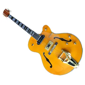 Gitar Listrik Semi-hollow Bodi Kuning 6 Senar, dengan Papan Jari Rosewood, Perangkat Keras Emas, Sistem Tremolo