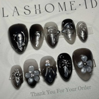 Faux ongles 3D noirs et argentés à presser, style gothique dégradé, forme amande, avec motifs étoile, nœud et fleur, pour fêtes et usage quotidien