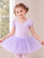 Maillot de Ballet para Niñas con Mangas Abullonadas, Cuello en V, Lazo en la Espalda, Tutú con Lentejuelas, Vestido de Princesa para Actuaciones de Danza Infantil