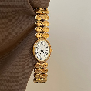 Reloj de Pulsera de Cuarzo Analógico Ovalado de Acero Inoxidable para Mujer, Clásico, Lujoso, Moderno, Personalizado, Elegante, Dorado, Vintage - Product Image 1