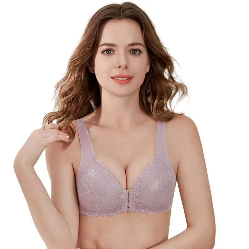 Bra renda tanpa tali, Bra renda ukuran besar wanita, warna Solid, gesper depan