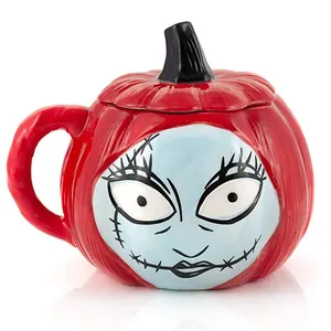 Tasse rouge glacée en céramique avec couvercle, tasses à café ou à thé en forme de citrouille Ghost, autocollants personnalisés, pour Halloween