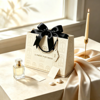Sac en papier crème de luxe avec logo personnalisé et grand nœud en ruban noir pour emballage cadeau de parfums et cosmétiques haut de gamme, sac de shopping