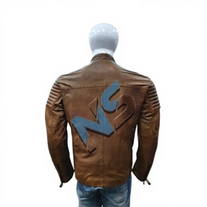 Chaqueta de Motociclista para Hombre, de Cuero Genuino, Delgada, Resistente al Viento, con Cuello Alto, Cierre de Cremallera Frontal, Color Sólido, Largo Regular, para Otoño - Product Image 3