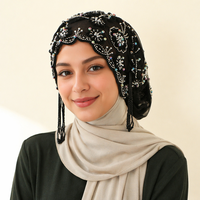 Hijab instan mewah berbahan poliester dengan payet, rumbai, dan renda, desain elegan Timur Tengah, dapat diatur, untuk wanita.