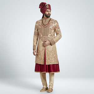 NEW GOLDEN ZARI EMBROIDERY on BEAUTIFUL GROOM SHERWANI, <b>PANT</b> & TURBAN WITH Men's Suits & Blazer>Men's Suits - Product Image 3