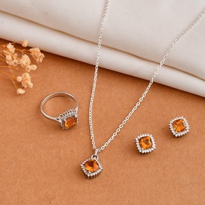 Sunlight Halo Silver Plated Sterling Silver <b>Citrine</b> & White CZ Stone Jewelry Set-Trendy Wedding Party & Gift Necklace & <b>Earrings</b> - Product Image 2