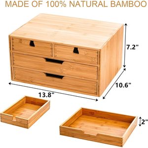 Bamboo Desktop Organizer 4 <b>Drawer</b> <b>Storage</b> <b>Box</b> Square Shape Office Desk Organizer for Living Room Bedroom Study - Product Image 3