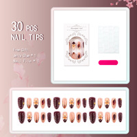 Faux ongles en amande pour l'automne et l'hiver, 30 pièces, avec feuille d'or 3D, effet œil de chat, fleur, étoile, perle, pour manucure DIY tendance