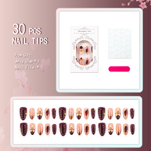 Faux ongles en amande pour l'automne et l'hiver, 30 pièces, avec feuille d'or 3D, effet œil de chat, fleur, étoile, perle, pour manucure DIY tendance - Product Image 2