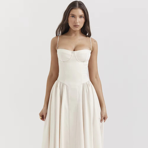 Gonna Lunga Nuova Stile Retrò Francese da Donna con Spalline Sottili Tinta Unita Casual Naturale Lavabile a Linea A - Product Image 1