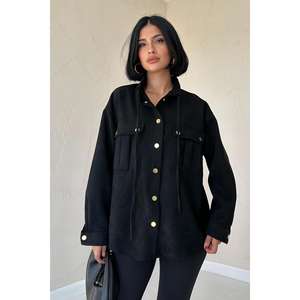 Chemise en daim noire à boutons pression pour femme, style minimaliste au quotidien, design simple, chemisier boutonné - Product Image 3