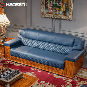 Divano Esecutivo <span class=keywords><strong>in</strong></span> <span class=keywords><strong>Pelle</strong></span> Stile Italiano, Lussuoso Divano Blu <span class=keywords><strong>in</strong></span> Legno, Grande Divano per Sala d'Attesa, Divano a 3 Posti, Divanetto, Poltrona - Product Image 4
