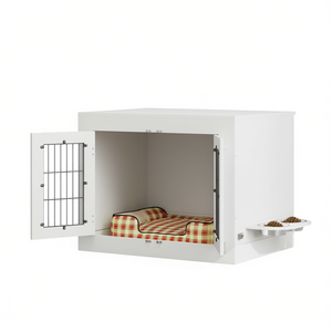 Maison pour animaux de compagnie blanche, rectangulaire, en plastique, taille moyenne, multifonctionnelle, design moderne pour l'intérieur, avec lit et plateau pour la nourriture - Product Image 1