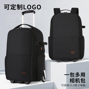 Roller Camera Bag <b>Large</b> Capacity Waterproof Oxford Cloth DSLR SLR Mirrorless Camera <b>Backpack</b> Trolley Case Solid Color <b>Black</b> - Product Image 4