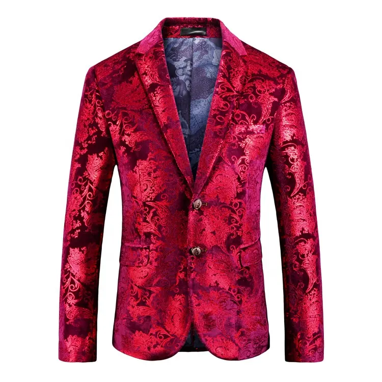 Sonbahar kırmızı baskı erkekler Blazer palto Vintage Casual erkek Blazer İş düğün ceket takım elbise üstleri dış giyim