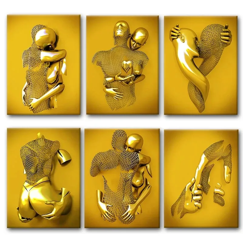 Decoración del hogar para parejas amantes del oro, figura de Metal, estatua artística abstracta, carteles, impresión abstracta,