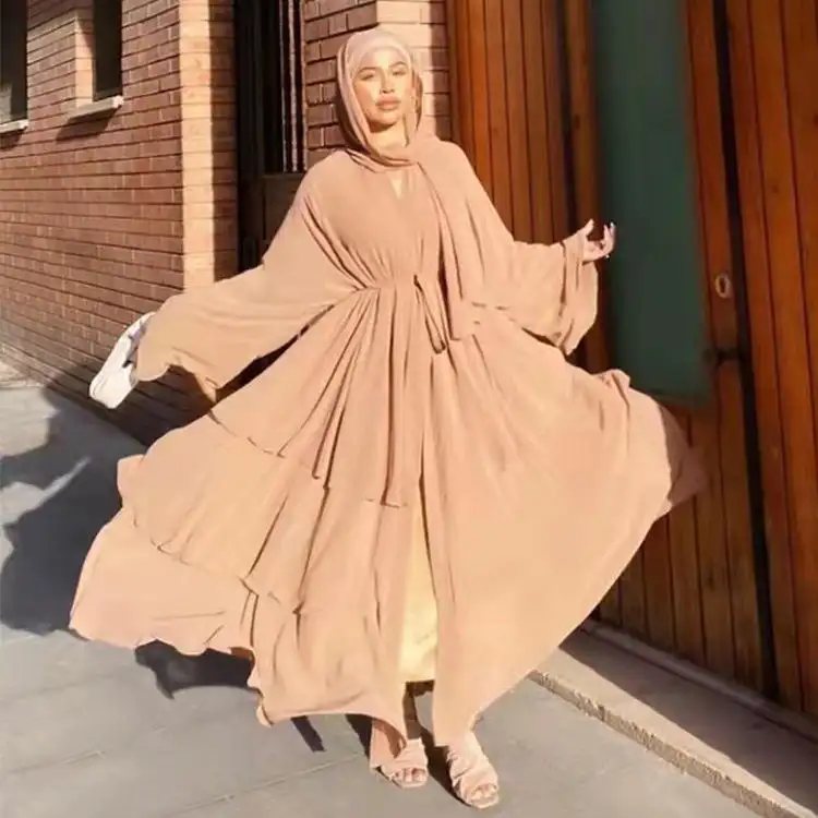 3 레이어 두바이 터키 오만 우아한 쉬폰 기모노 여성용 단색 3 레이어 오픈 이슬람 의류 이슬람 드레스 Abaya