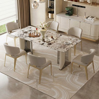 Table à manger rectangulaire moderne avec plateau en marbre, pieds en cuir et en métal, adaptée aux restaurants, hôtels et villas