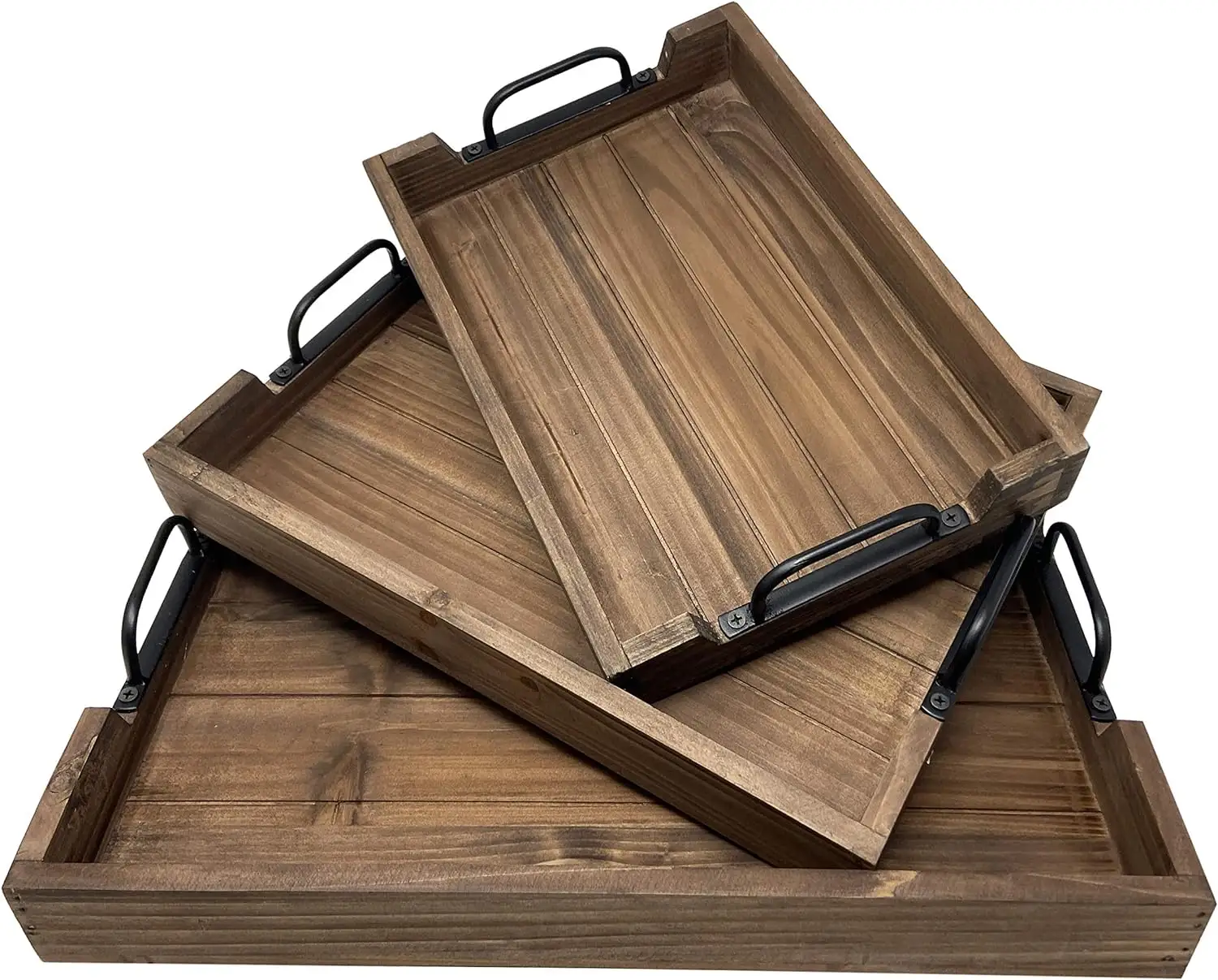 Ensemble de plateaux de service décoratifs en bois vintage imbriqués pour table basse ou pouf plateaux de petit-déjeuner en bois rustiques pour la cuisine