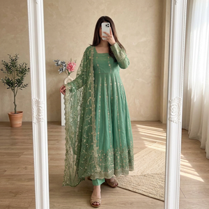 Trending Mint Pista <b>Green</b> Anarkali Salwar Kameez Gold Threadwork Neckline Scalloped Hem Flared Tunic Pants <b>Net</b> Dupatta 3 Piece - Product Image 1