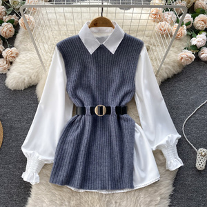 Longue lanterne manches chemise femmes tricoté gilet 2 deux pièces ensemble 2021 printemps automne femmes chemises ensembles <span class=keywords><strong>sans</strong></span> manches <span class=keywords><strong>pull</strong></span> hauts - Product Image 2